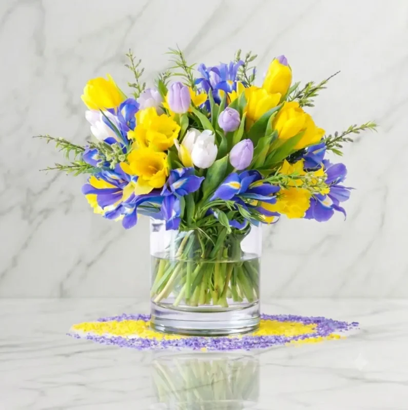Yellow tulips and purple irises in a vase for Downtown Vancouver delivery.