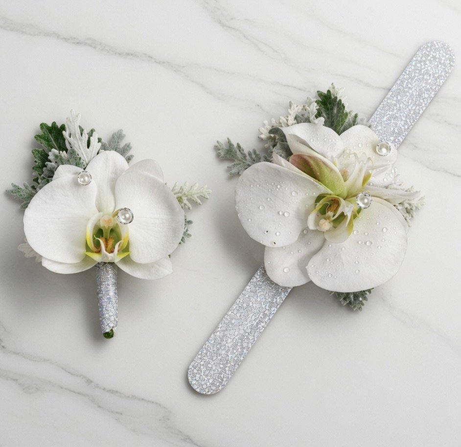 luxurious-prom-corsage-boutonniere-vancouver White Orchid Prom Corsage and Boutonniere set in Downtown Vancouver.