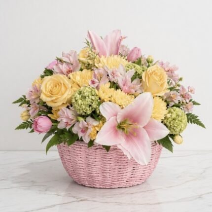 Pastel spring flower basket with pink lilies and yellow roses, handcrafted for same-day delivery in Downtown and West End Vancouver.