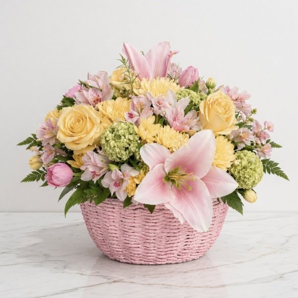 pastel-flower-basket-delivery-downtown-vancouver-2.jpg Pastel spring flower basket with pink lilies and yellow roses, handcrafted for same-day delivery in Downtown and West End Vancouver.