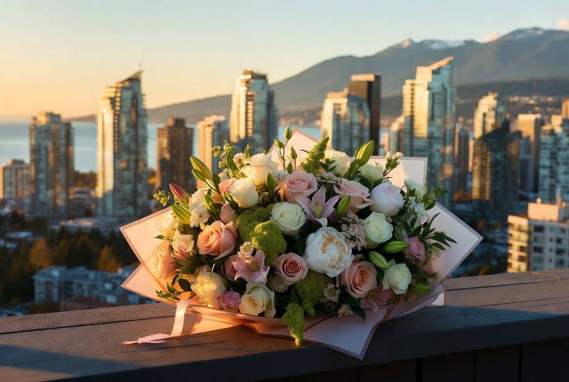 Luxury Flower Bouquet with Downtown Vancouver Skyline View - VanCentral Florist